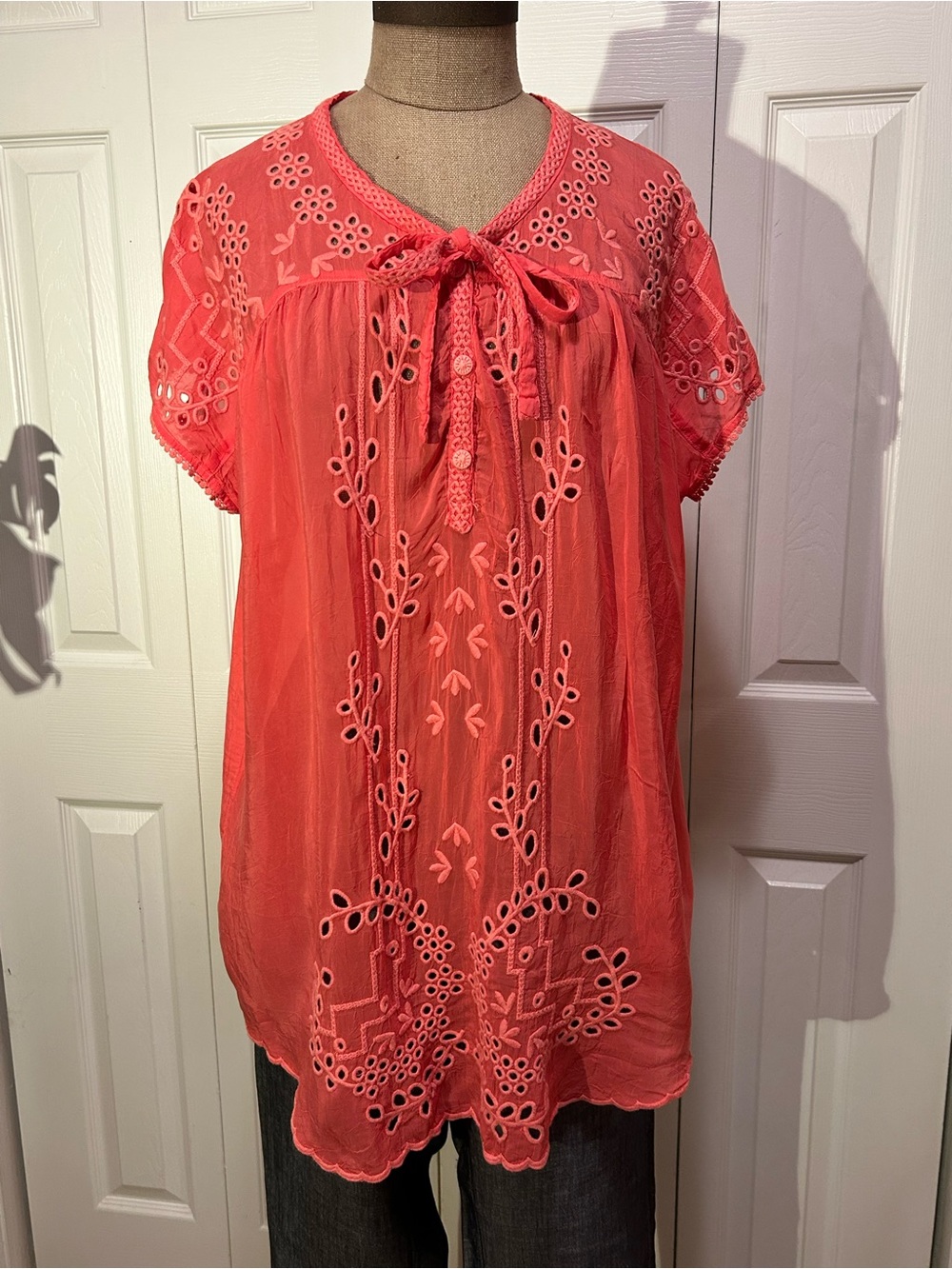 Johnny Was Coral Embroidered Tie-Neck Tunic
